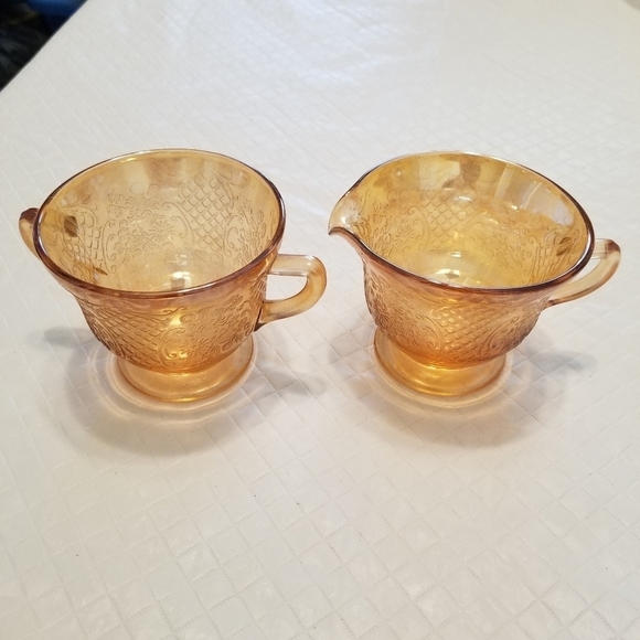 Amber etched glass open sugar and creamer - Picture 1 of 6